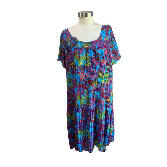 New Directions Blue Floral A Line Turquoise Pleated Midi Short Sleeve Dress 20W - Picture 2 of 11